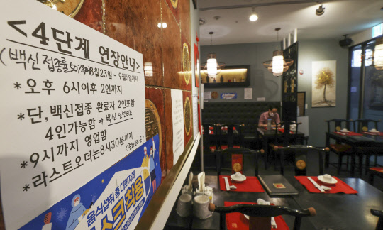 내일부터 식당·카페 '백신 인센티브'      (서울=연합뉴스) 이진욱 기자 = 22일 서울 양천구 한 중식당에 '백신 인센티브' 안내문이 붙어 있다. 정부는 현행 '사회적 거리두기'(수도권 4단계, 비수도권 3단계)를 내달 5일까지 2주 더 연장하는 동시에 오는 23일부터는 마스크를 쓰기 어려운 식당과 카페의 경우 4단계 지역에서는 매장 영업시간을 오후 10시에서 9시까지로 1시간 단축하기로 했다. 다만 자영업자·소상공인의 경제적 피해를 최소화하기 위해 백신 접종 완료자에 대해서는 식당·카페 이용시 제한적으로나마 사적모임 인원 기준에서 제외하는 인센티브를 적용키로 했다. 4단계 지역의 오후 6시 이후 3인모임 금지 조치 하에서도 접종 완료자 포함시 4명까지 모이는 것이 가능하다. 2021.8.22      cityboy@yna.co.kr  (끝)